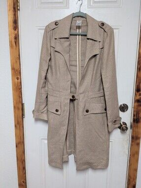 Cache Trench Coat Jacket Womens Sz 12 Gold Beige Metallic Linen Belted